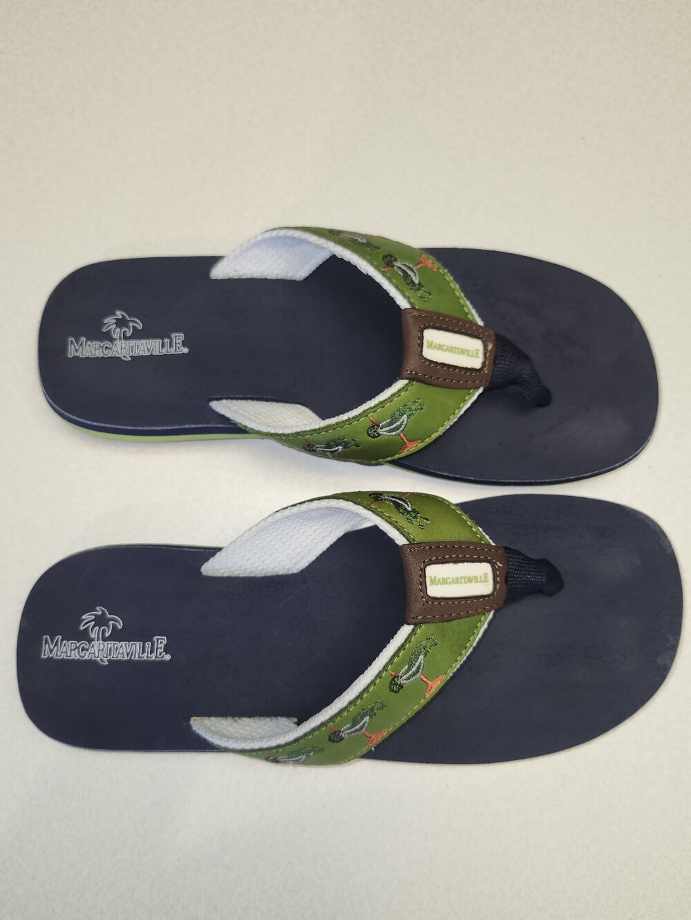Margaritaville Navy Blue & Bright Green "Rita Time" Leather Upper Flip Flops, 8 - Picture 5 of 11